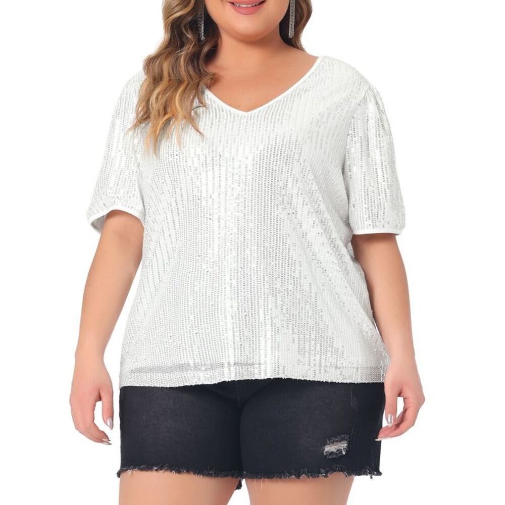 Plus Size Sequin Tops Sparkly V Neck Short Sleeve Party Blouses Silver